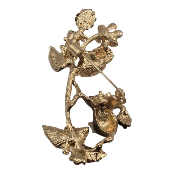 Flowers Mouse Orange Rhinestone Enamel Brooch Pin Yellow Green Vintage Mice - Picture 6 of 7